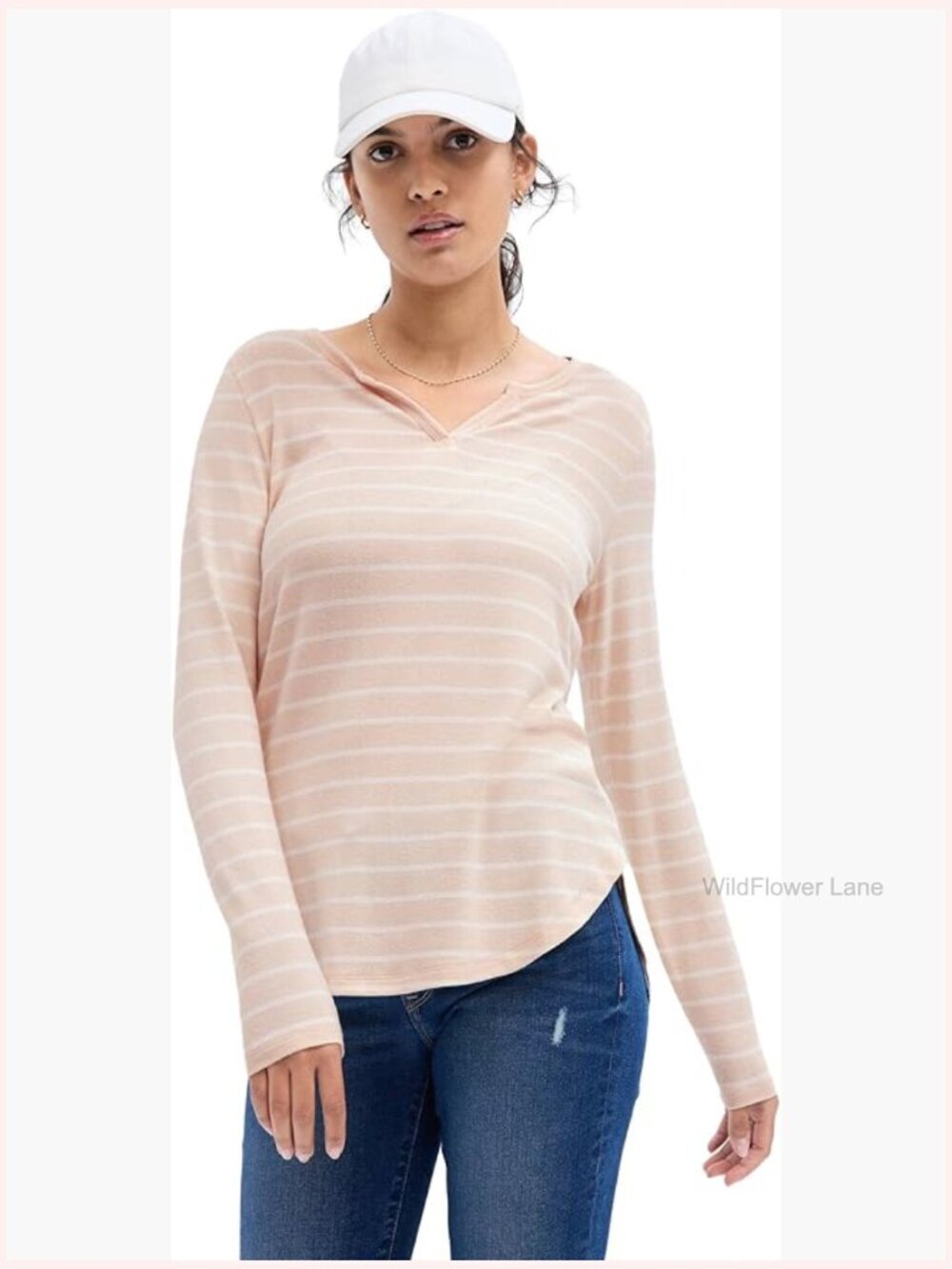 Long Sleeve Split Neck T-Shirt - Soft Stretch Knit Top